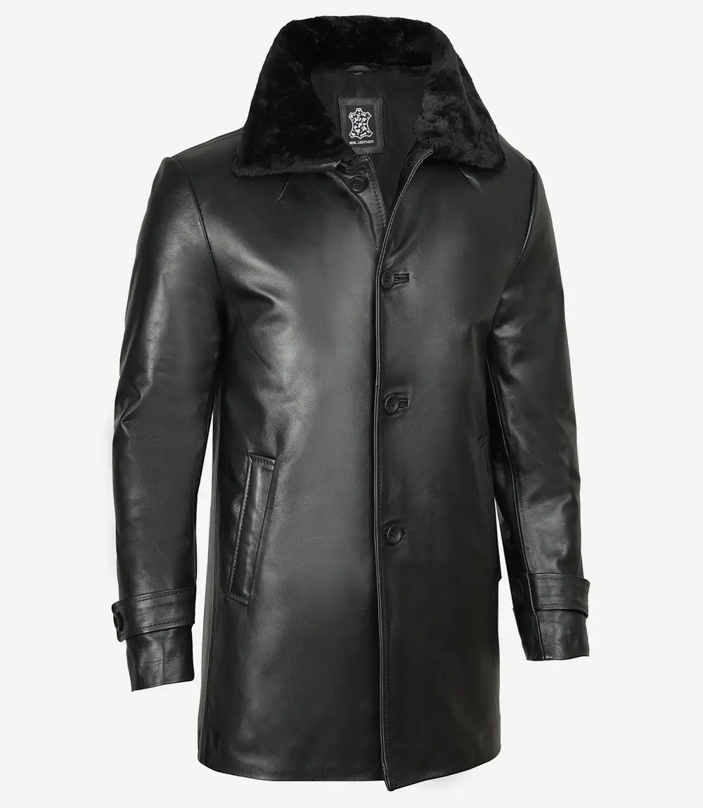 Men's 3/4 Black Real Leather Coat With Fur Collar - Image 8