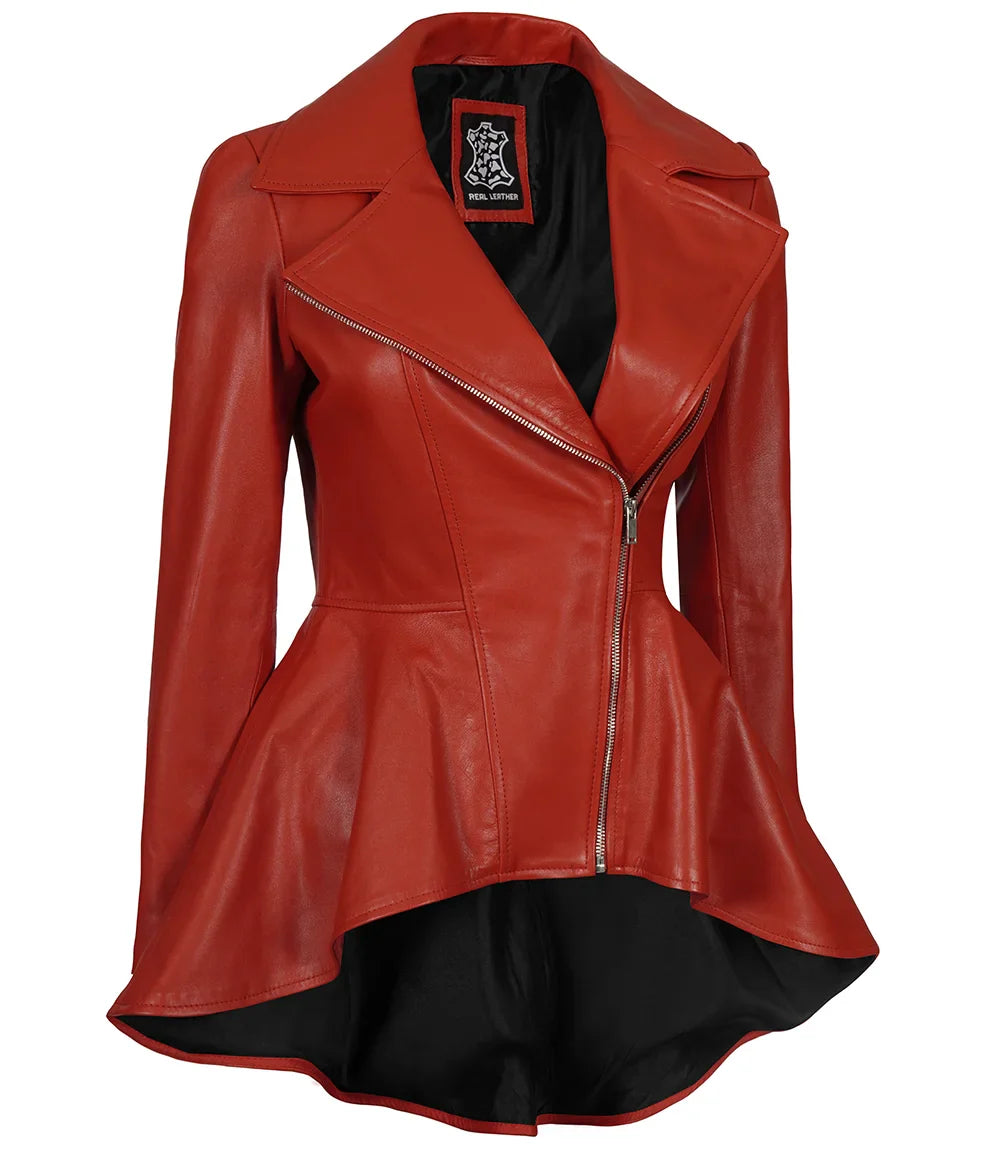 Clarissa Womens Red Asymmetrical Peplum Leather Jacket - Image 4