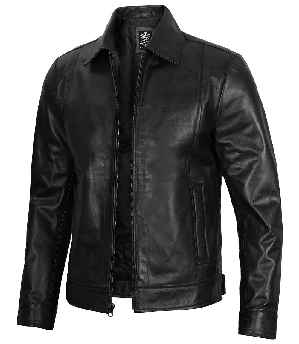 Men's Black Harrington Classic Leather Jacket - Image 2