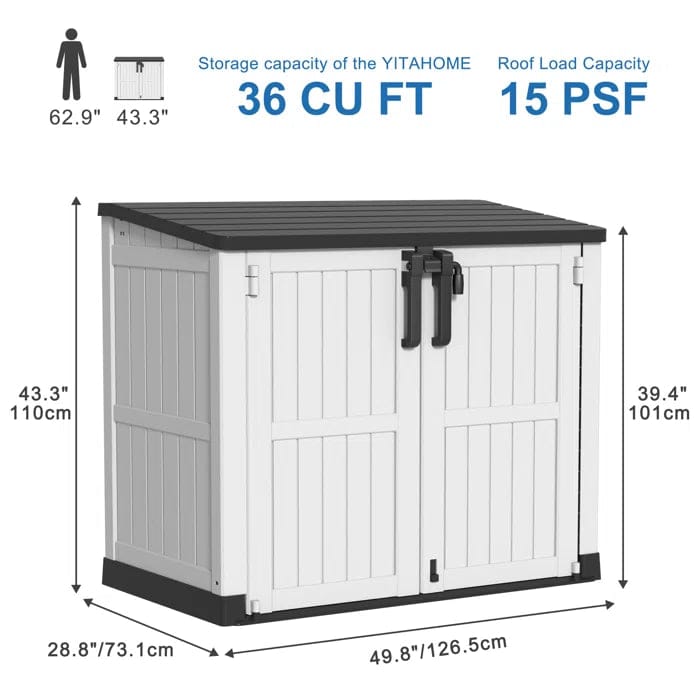 Resin Tool Shed, 36 Cu Ft Waterproof Outdoor Horizontal Storage, Weather-resistant Utility Shed With Air Vent For Trash And Lockable Doors, Garden Tools （black And White） - Image 2