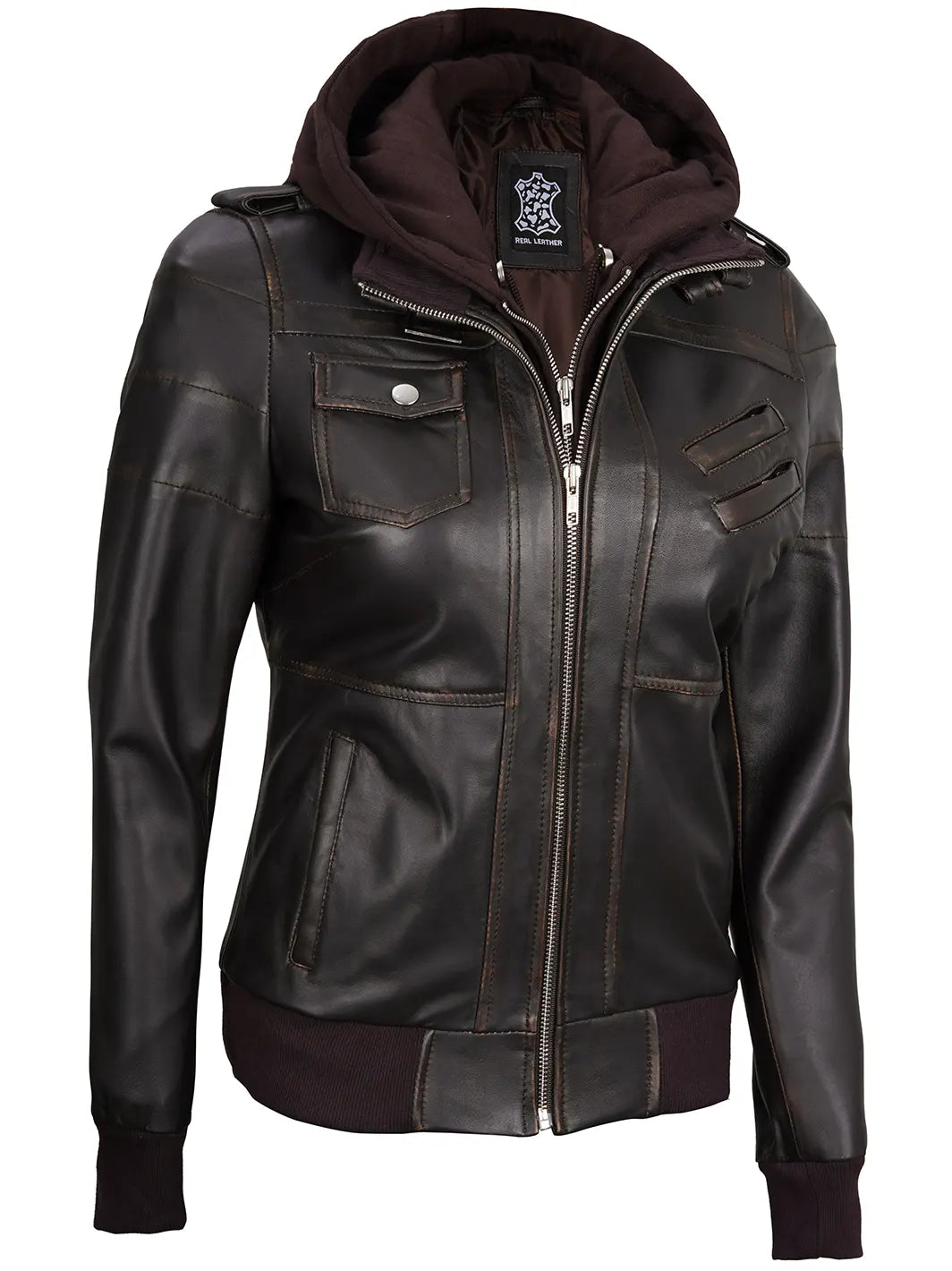 Edinburgh Rub Off Brown Leather Bomber Jacket With Removable Hood - Image 7
