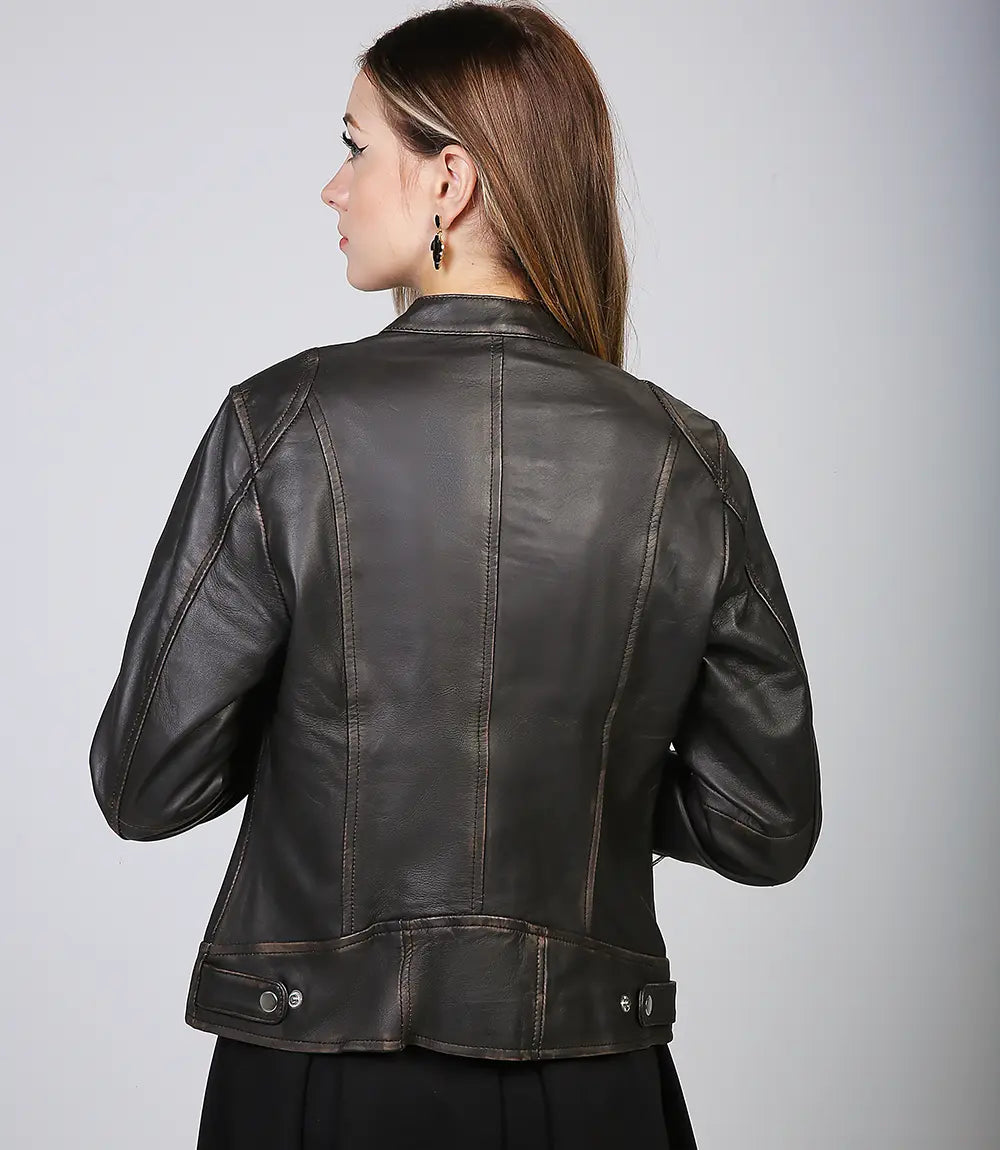 Dodge Women's Brown Rub off Motorcycle Leather Jacket - Image 2