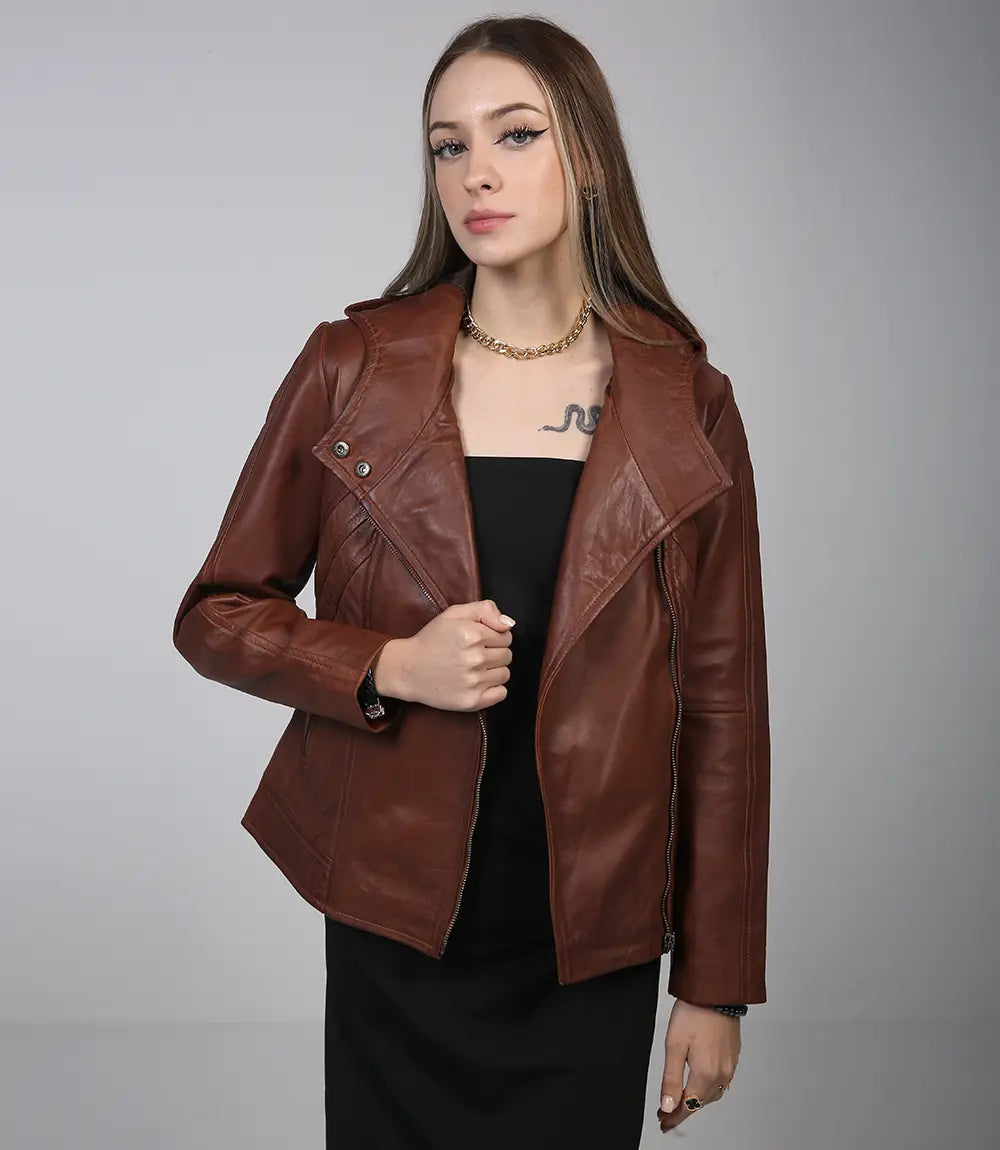 Cidra Women Asymmetrical Brown Hooded Leather Jacket - Image 3
