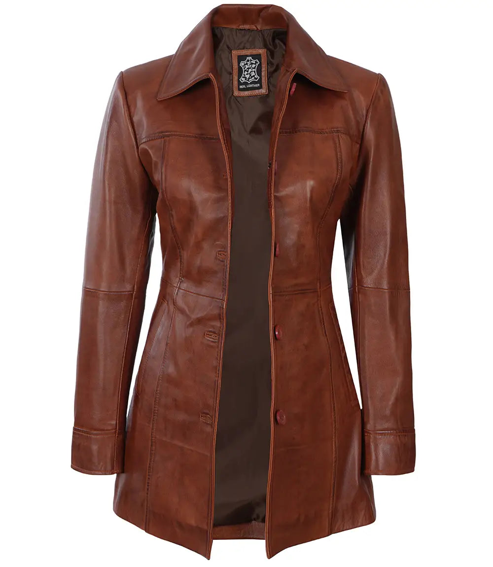 Tall Women's Cognac Leather Car Coat