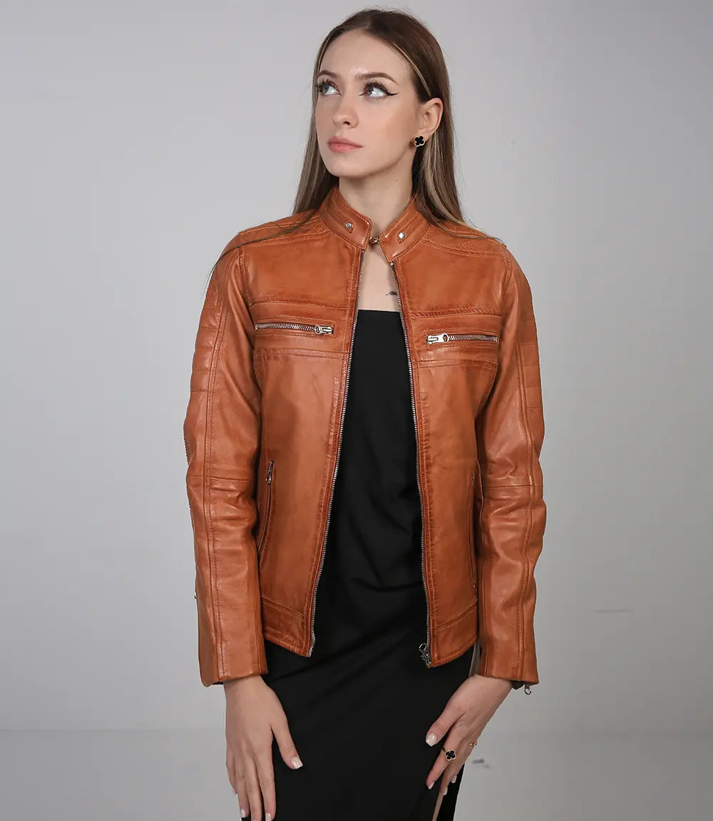 Austin Tan Motorcycle Leather Jacket for Women