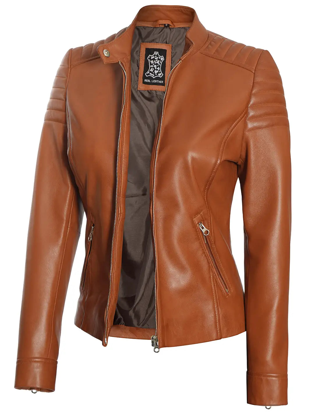 Carrie Women Tan Cafe Racer Leather Biker Jacket