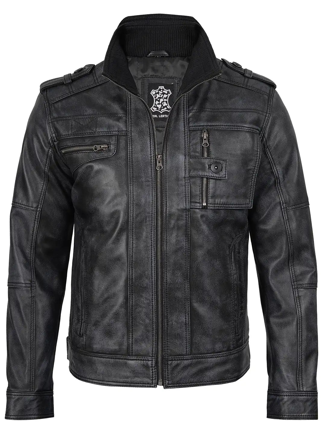 Tavares Mens Distressed Black Leather Biker Style Jacket - Image 4