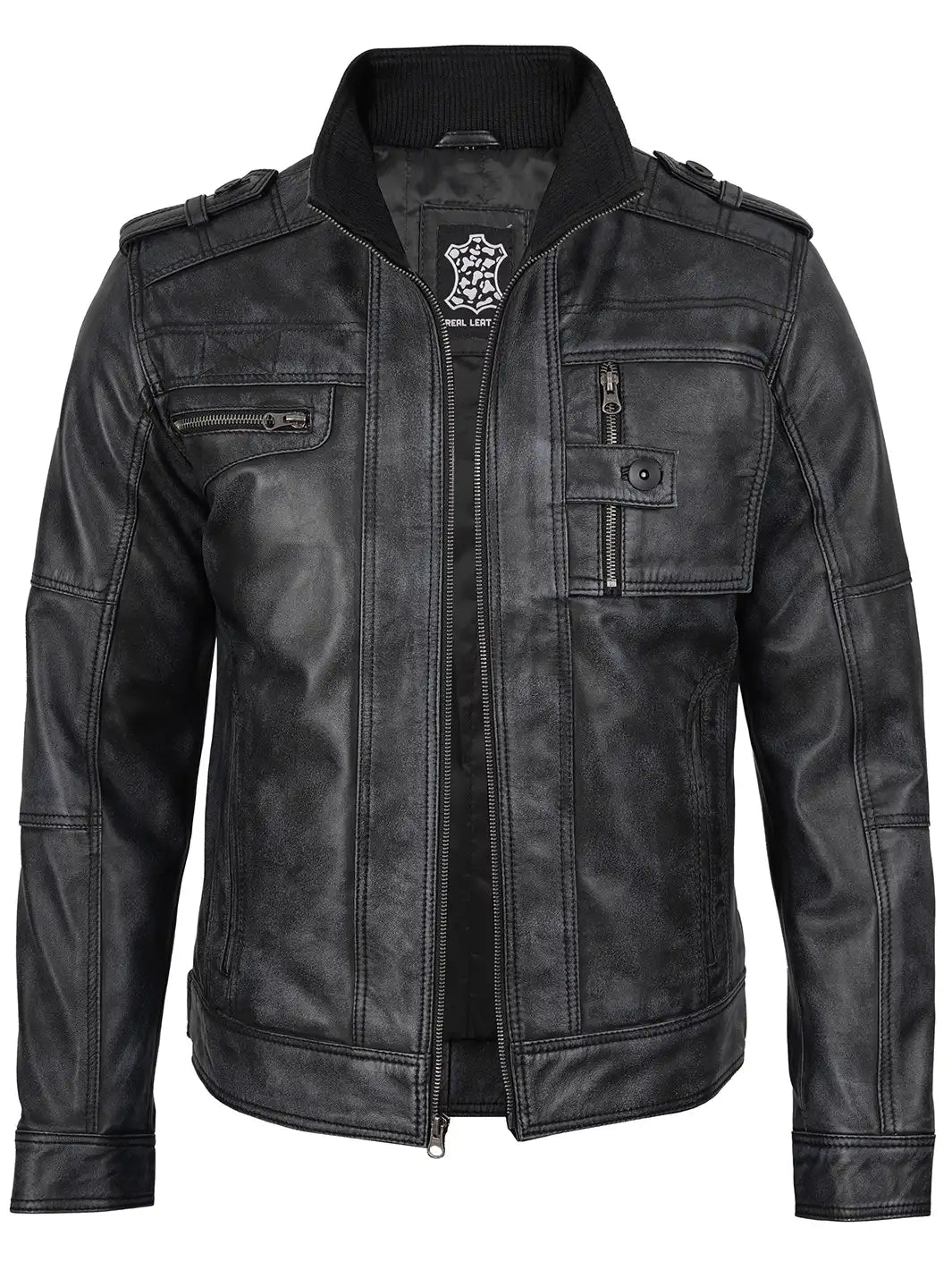 Tavares Mens Distressed Black Leather Biker Style Jacket - Image 3