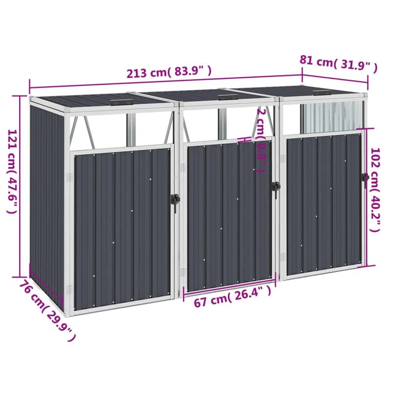 Vidaxl Triple Garbage Bin Shed Anthracite 83.9″X31.9″X47.6″ Steel - Image 3