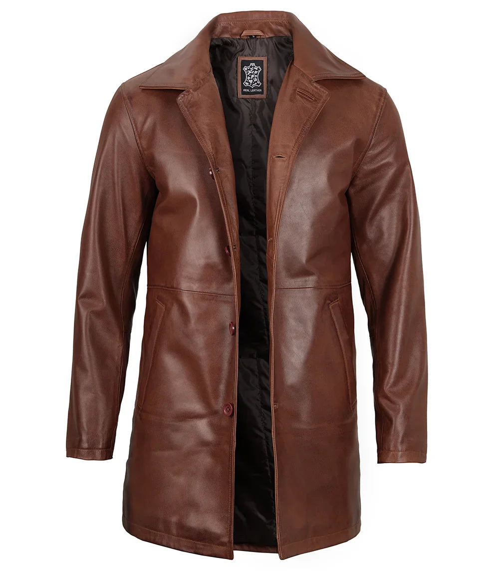Mens Tan Brown 3/4 Length Leather Car Coat - Image 4