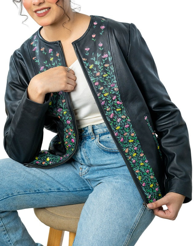 Vivid Hand-Painted Black Leather Biker Jacket