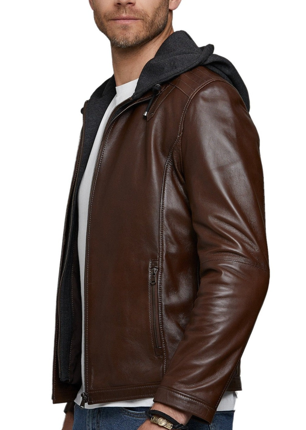 Volt Brown Detachable Hooded Leather Jacket - Image 3