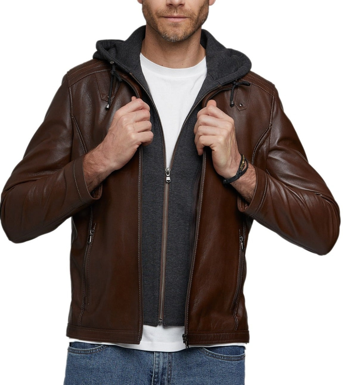 Volt Brown Detachable Hooded Leather Jacket - Image 4
