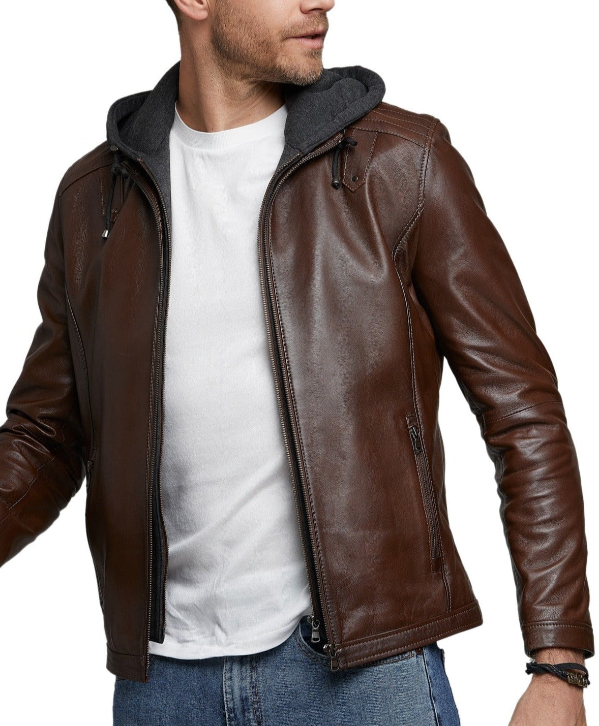 Volt Brown Detachable Hooded Leather Jacket - Image 5