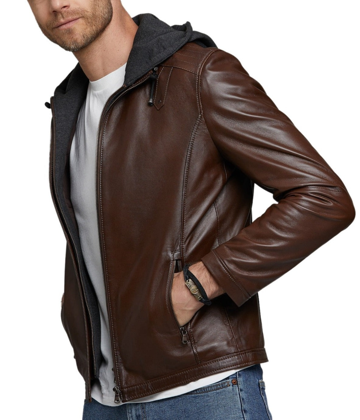 Volt Brown Detachable Hooded Leather Jacket - Image 6