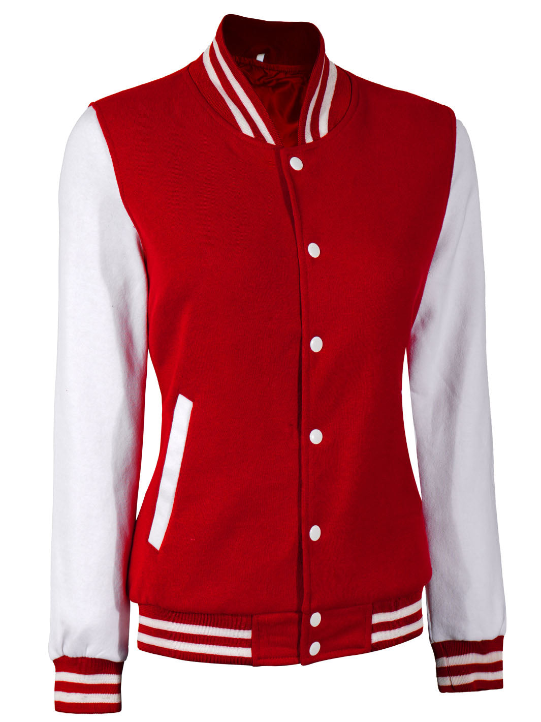 Women's White & Red Plain Lettermen Jacket - Image 6