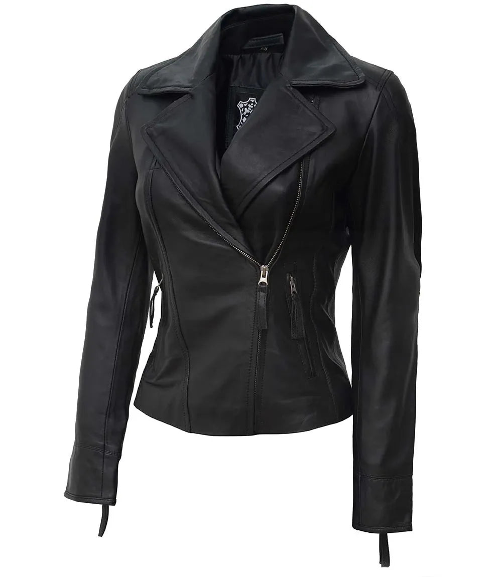 Ramsey Women Asymmetrical Black Biker Leather Jacket