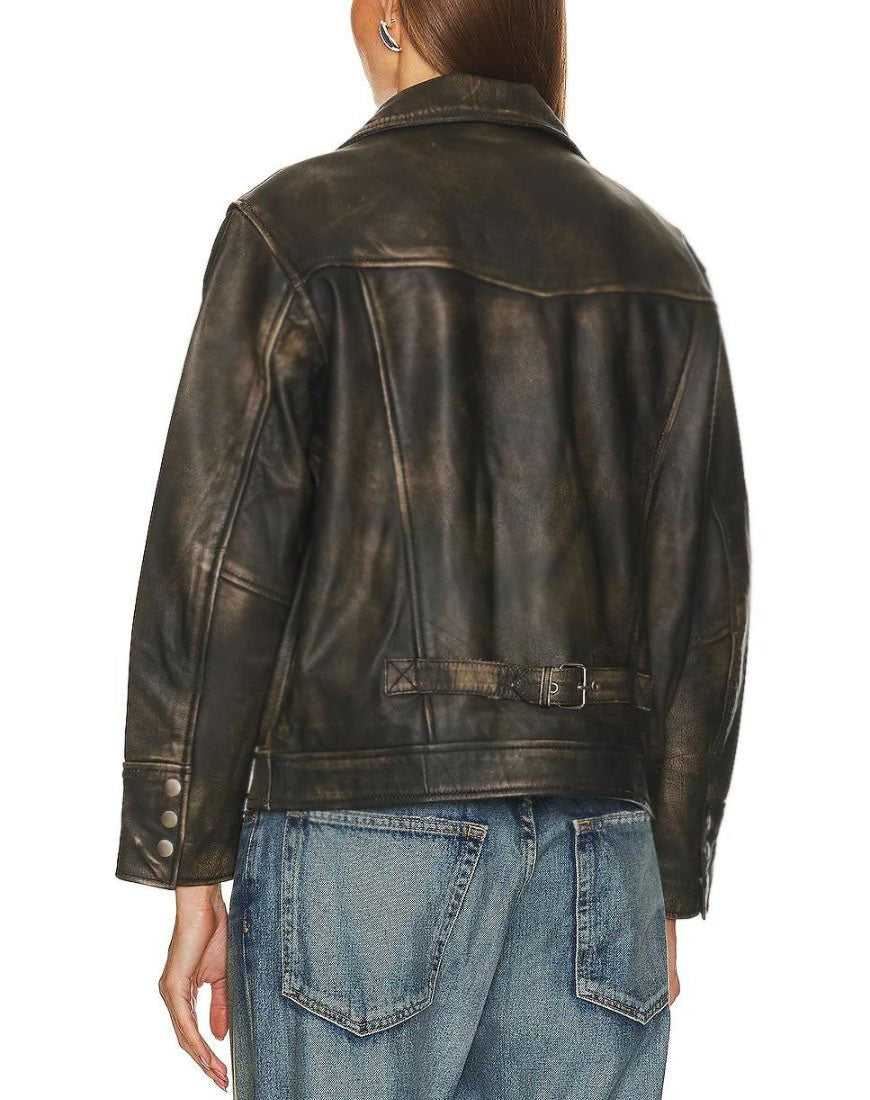 Ava Distressed Brown Oversized Leather Jacket - Image 4