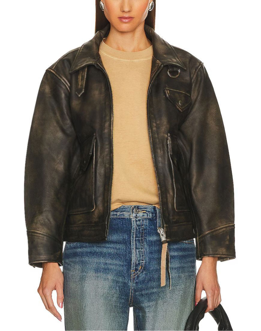 Ava Distressed Brown Oversized Leather Jacket - Image 2