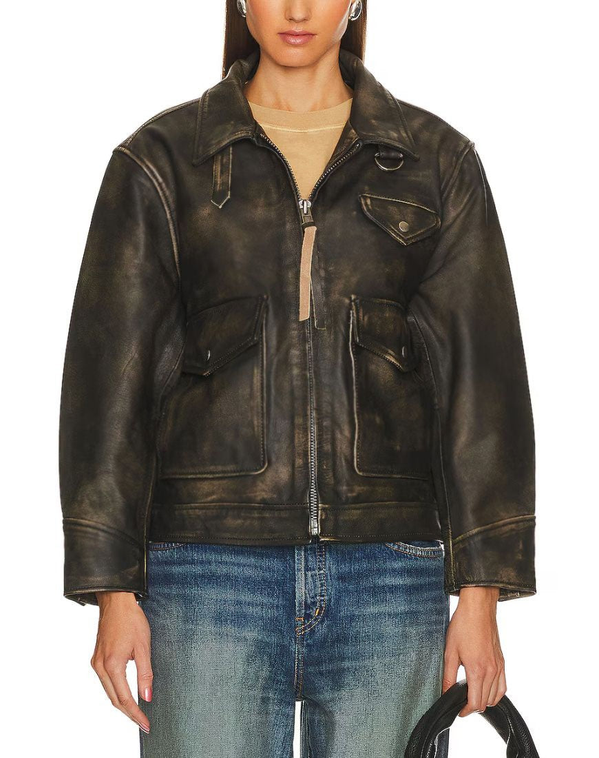Ava Distressed Brown Oversized Leather Jacket