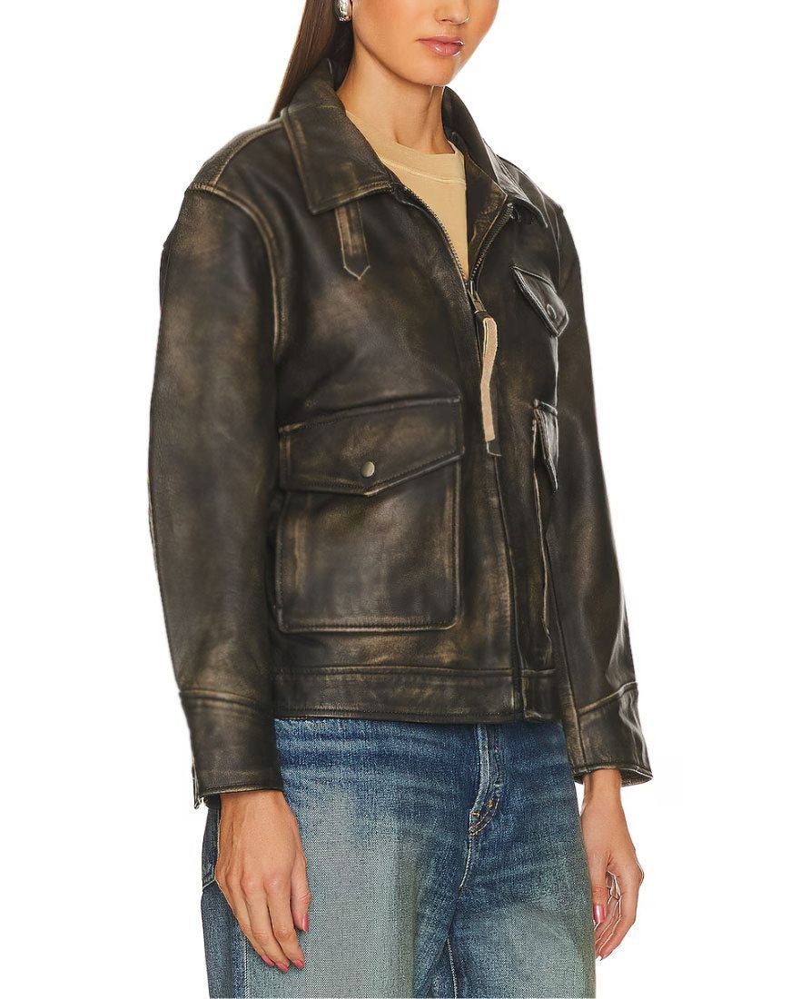 Ava Distressed Brown Oversized Leather Jacket - Image 3