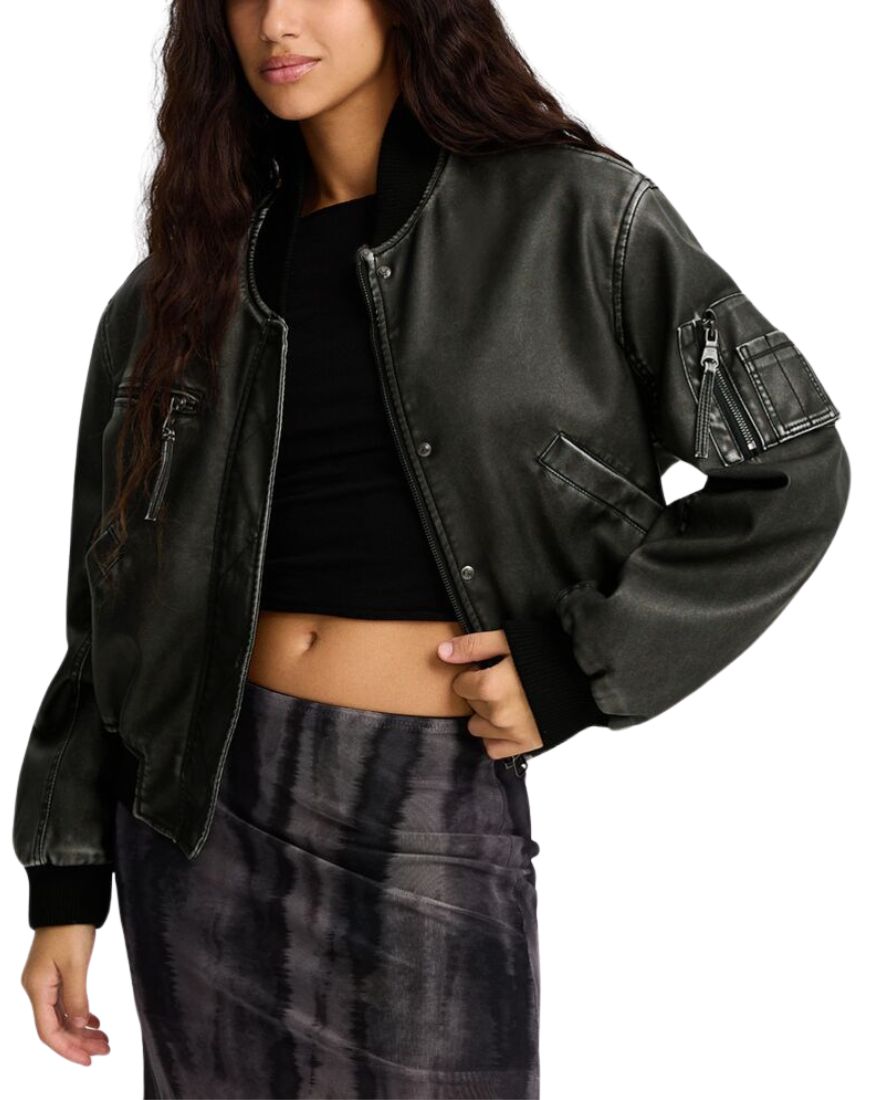 Women's Féline Vintage Black Bomber Leather Jacket - Image 2