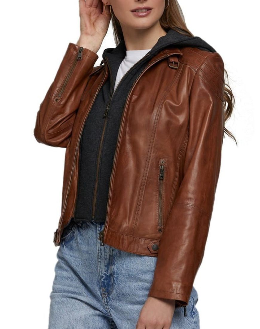 Frost Waxed Tan Removable Hoodie Leather Jacket - Image 2