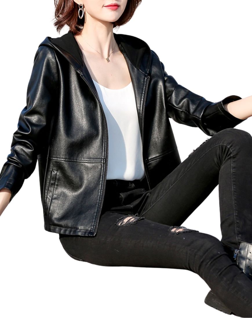 Gemma Black Hooded Leather Jacket - Image 3