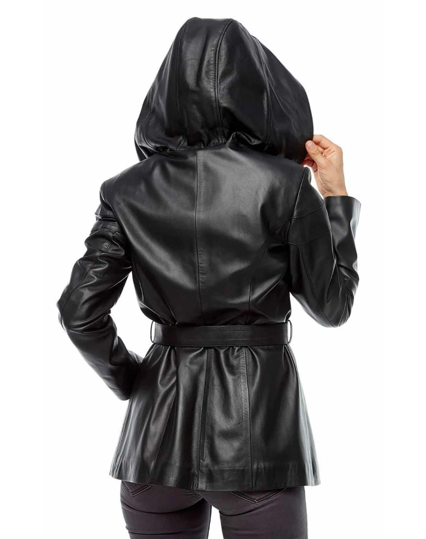Halo Black Hooded Leather Coat - Image 4