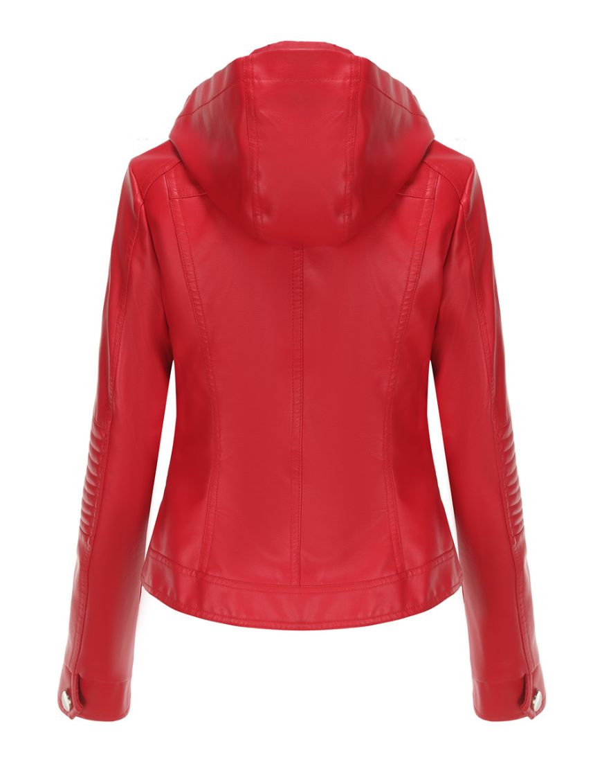 Nina Red Removable Hoodie Leather Jacket - Image 5