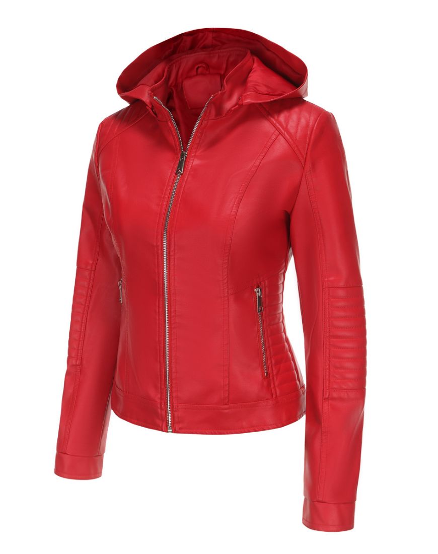 Nina Red Removable Hoodie Leather Jacket - Image 2