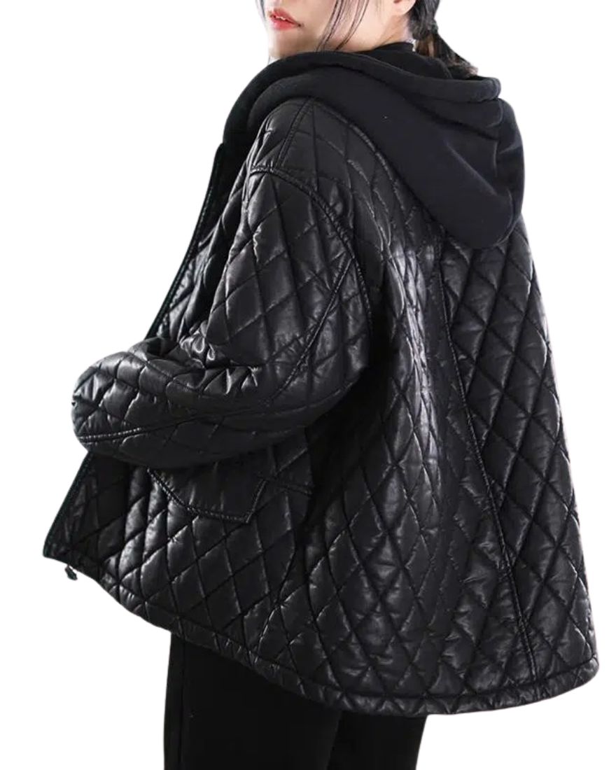 Veil Quilted Black Hooded Leather Jacket - Image 2