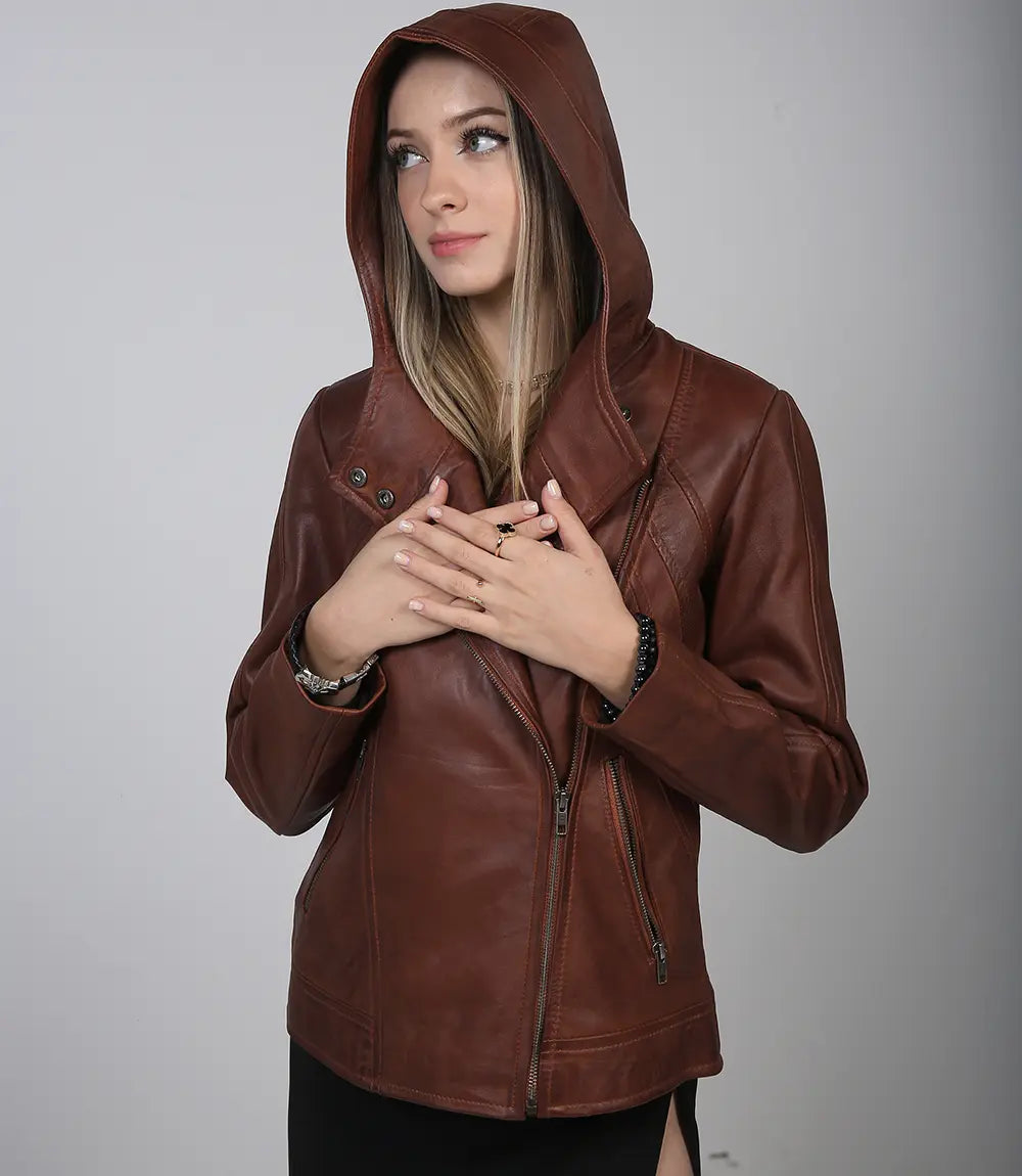 Cidra Women Asymmetrical Brown Hooded Leather Jacket