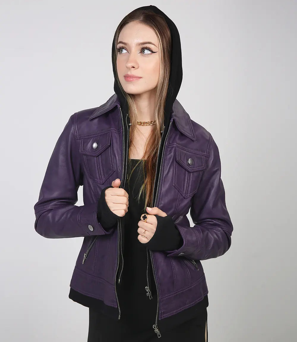 Women's Purple Bomber Leather Jacket with Removable Hood - Image 3