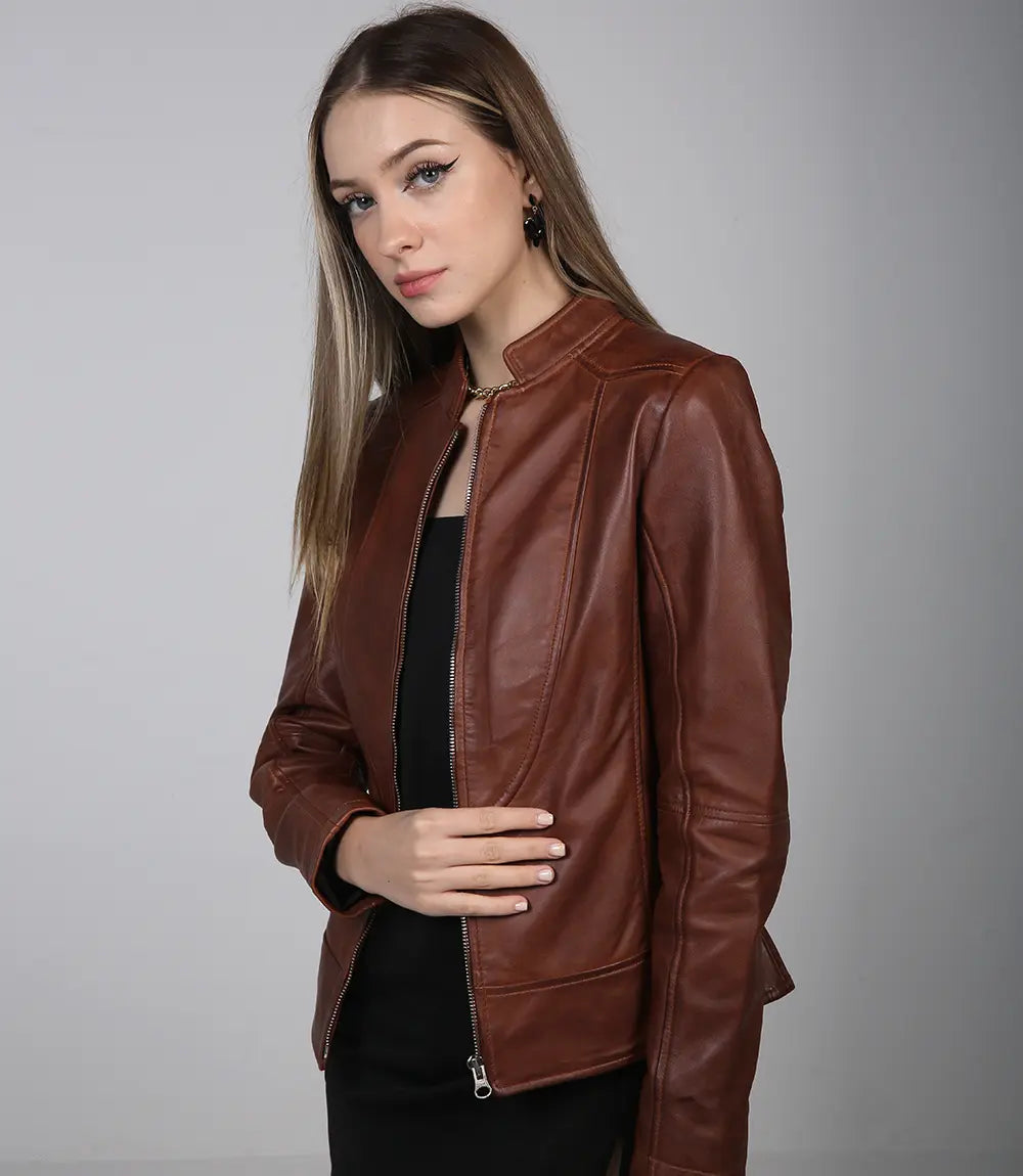 Amy Women Cognac Cafe Racer Leather Jacket - Image 4