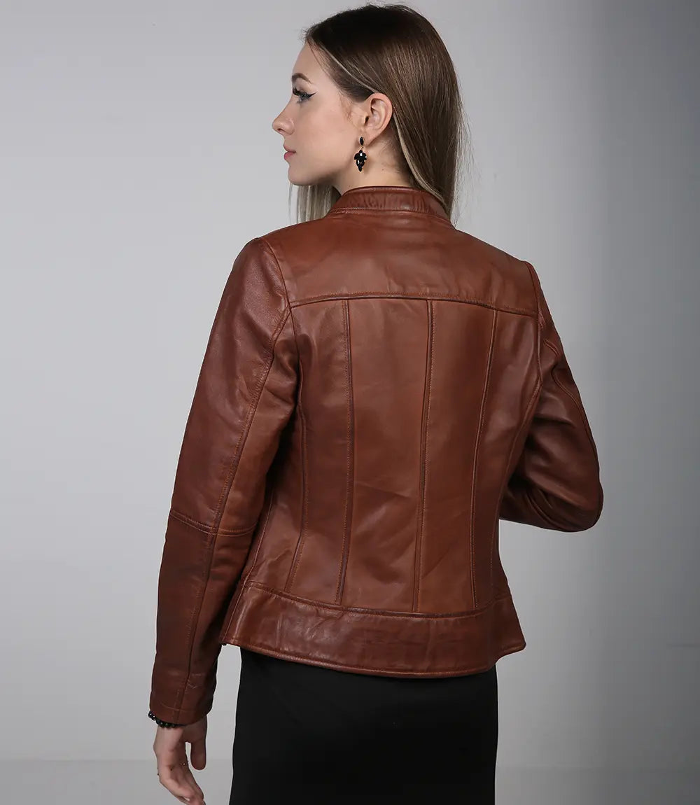 Amy Women Cognac Cafe Racer Leather Jacket - Image 2
