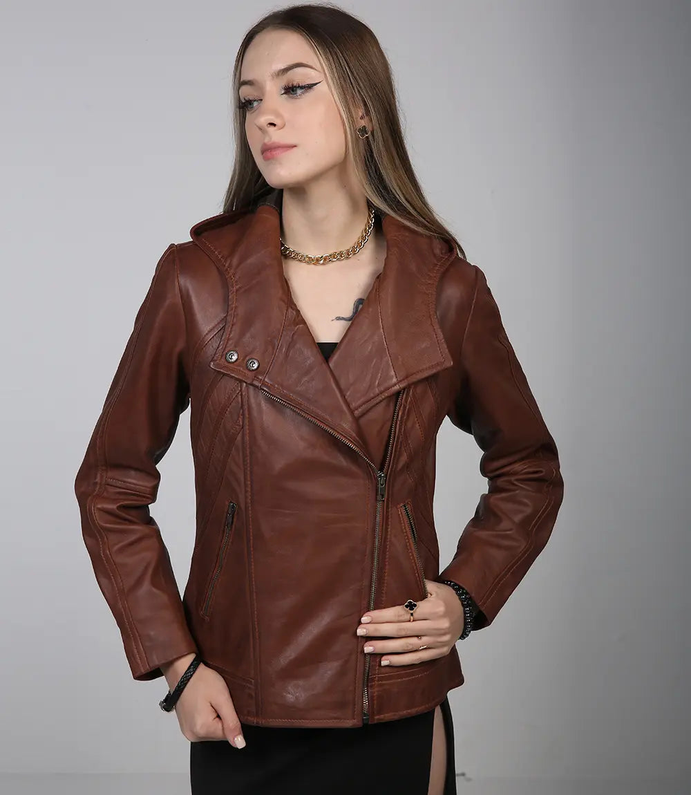 Cidra Women Asymmetrical Brown Hooded Leather Jacket - Image 5