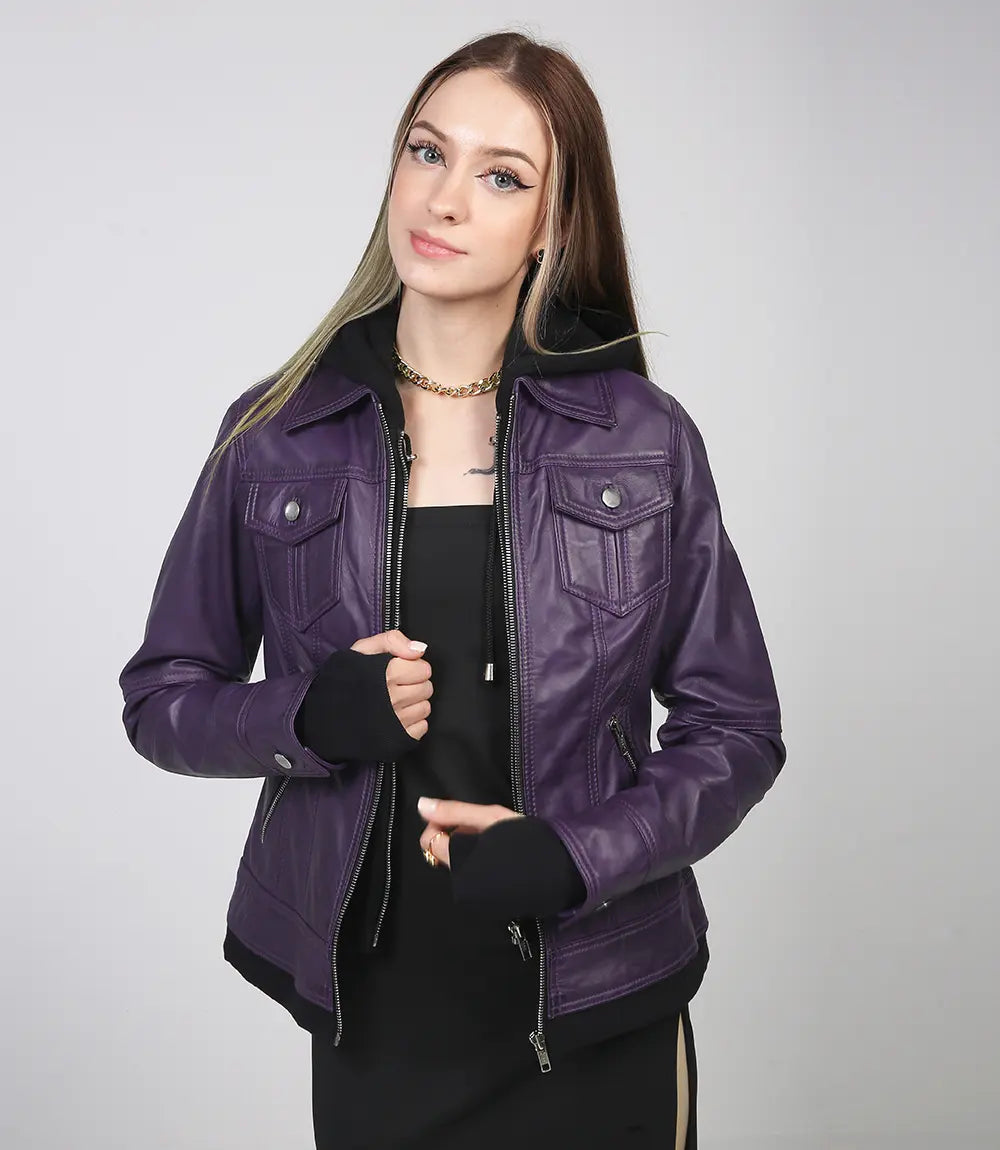 Women's Purple Bomber Leather Jacket with Removable Hood - Image 6