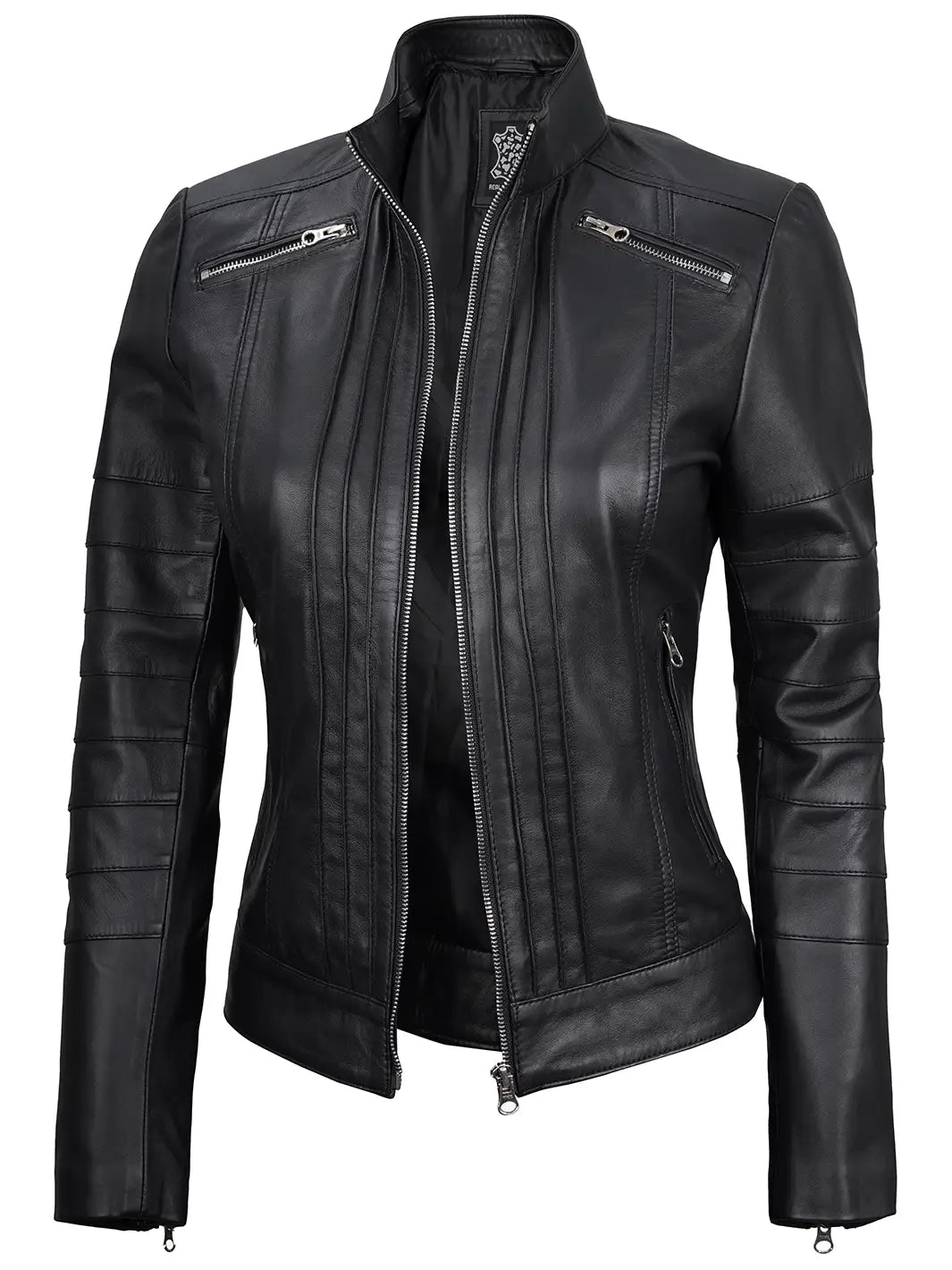 Bergamo Womens Black Real Leather Cafe Racer Jacket with Decorated Seams