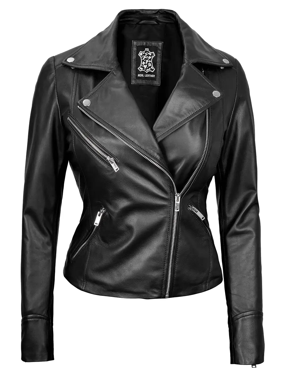 Ninfa Women's Black Asymmetrical Biker Leather Jacket - Image 3