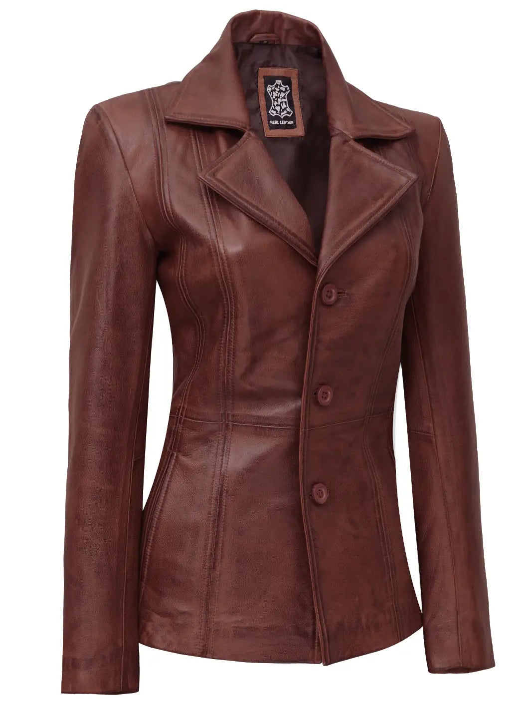 Womens Cognac Brown Leather Blazer - Image 4