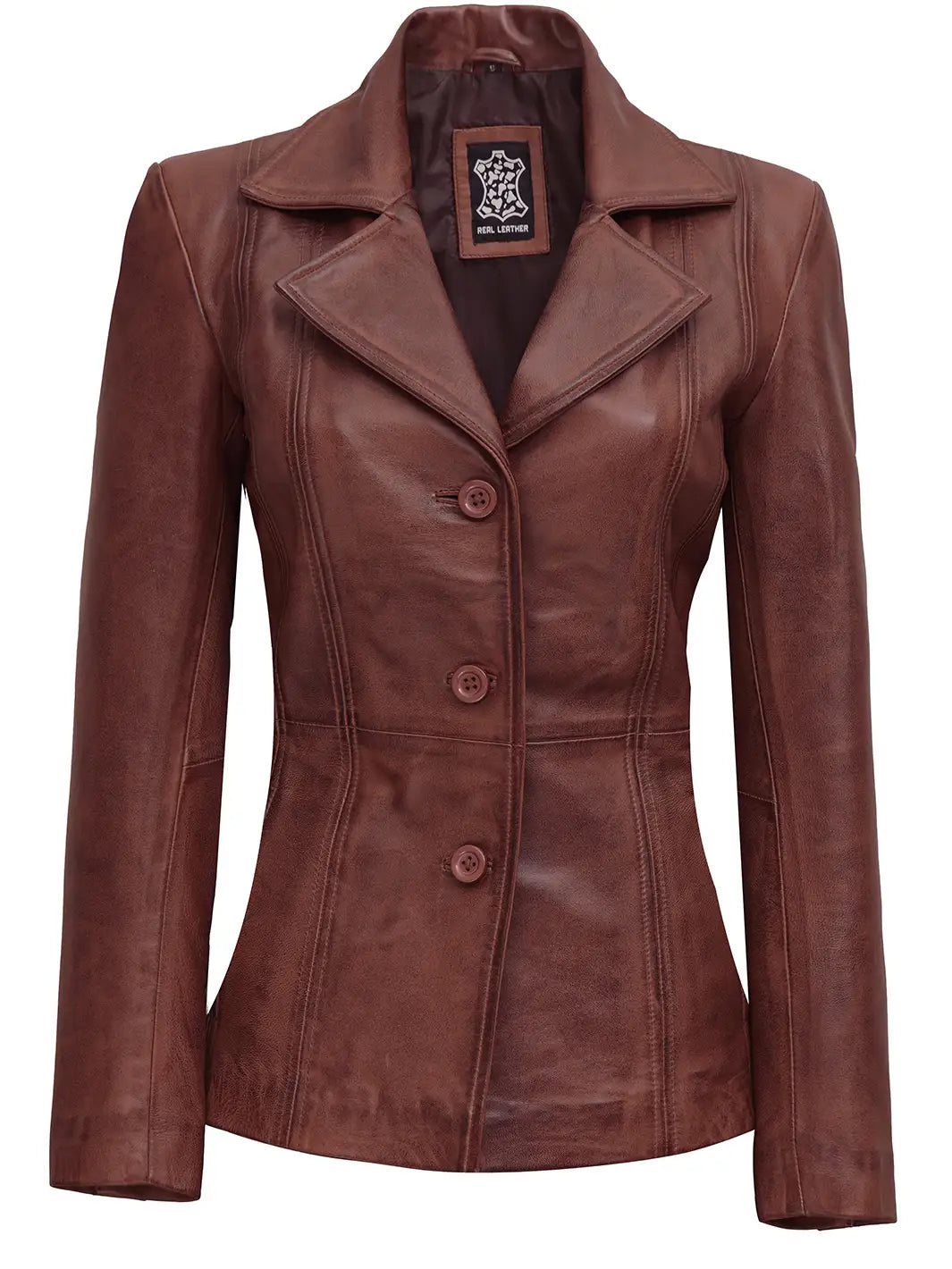 Womens Cognac Brown Leather Blazer - Image 5