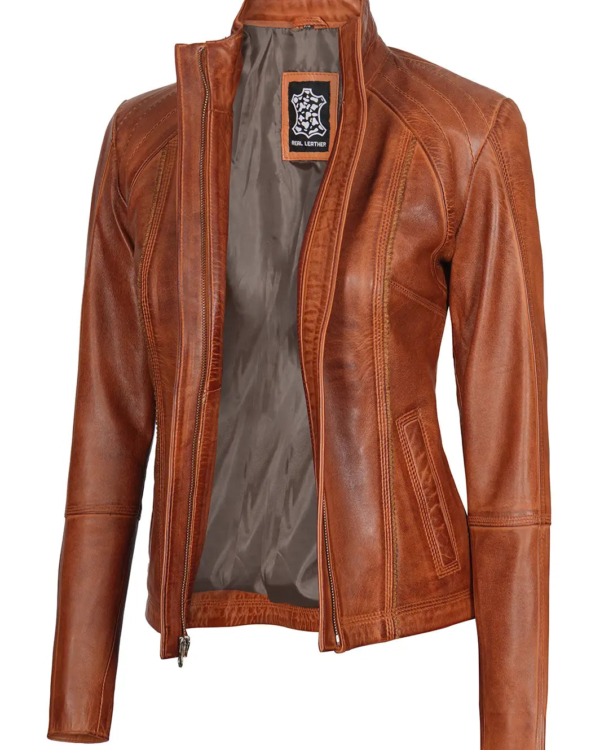 Acerra Womens Cognac Cafe Racer Biker Leather Jacket