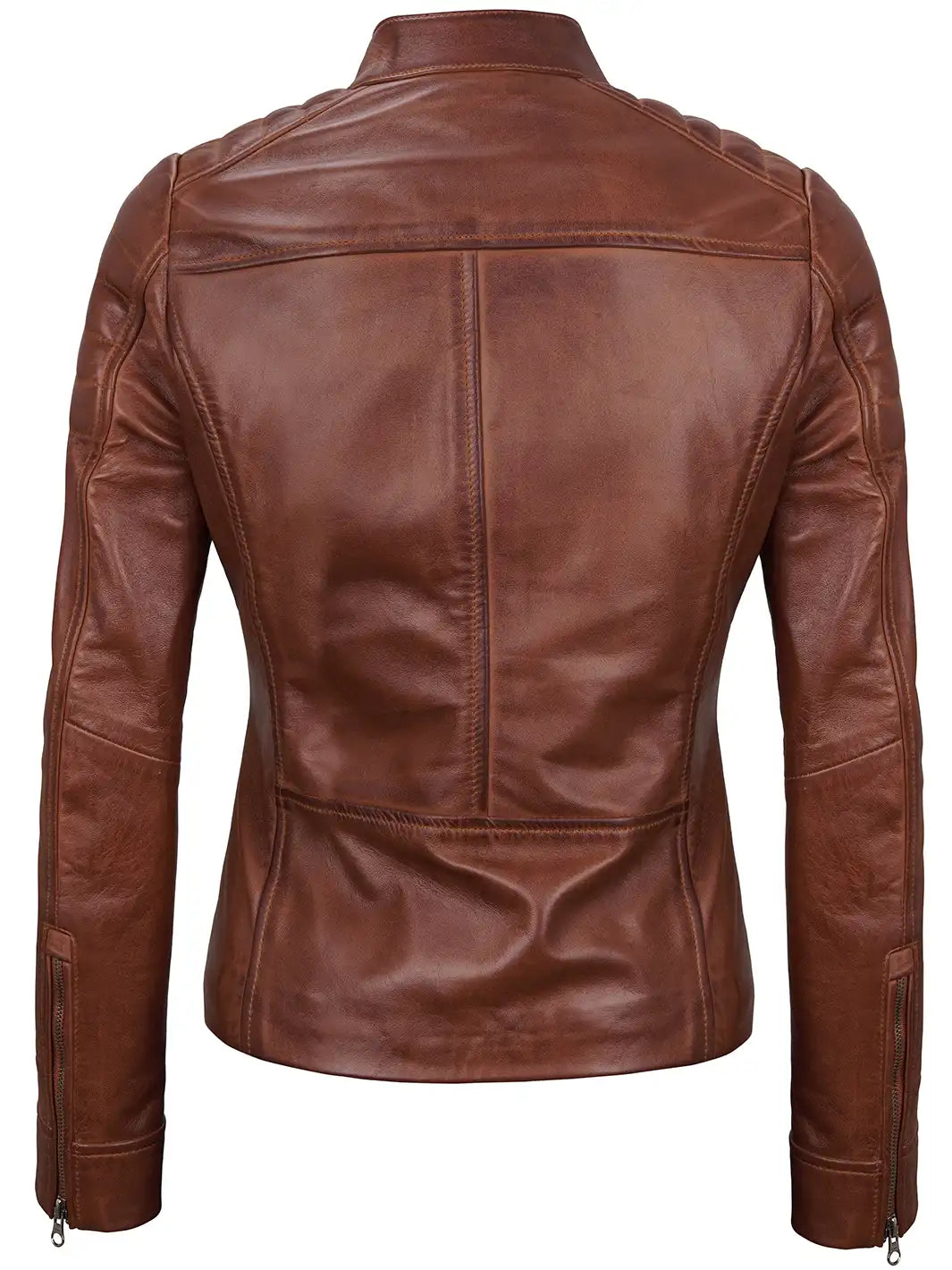 Carrie Women Cognac Brown Cafe Racer Leather Jacket - Image 2