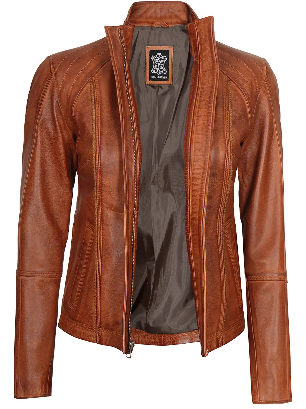 Acerra Womens Cognac Cafe Racer Biker Leather Jacket - Image 3