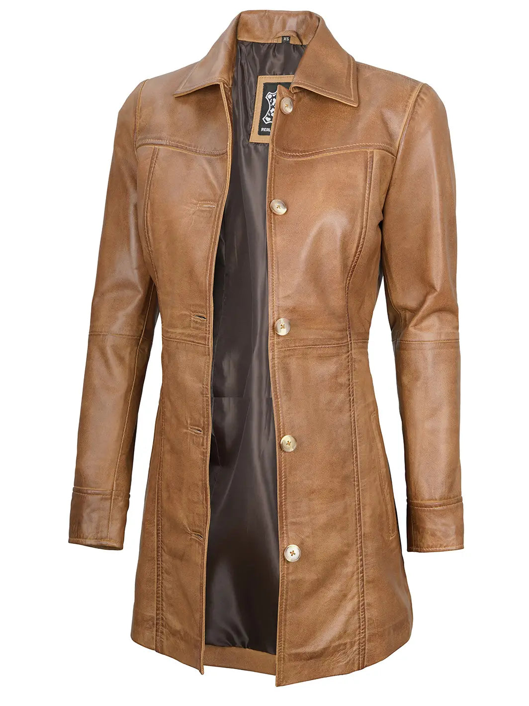 Kandis Womens Camel Brown Leather Car Coat