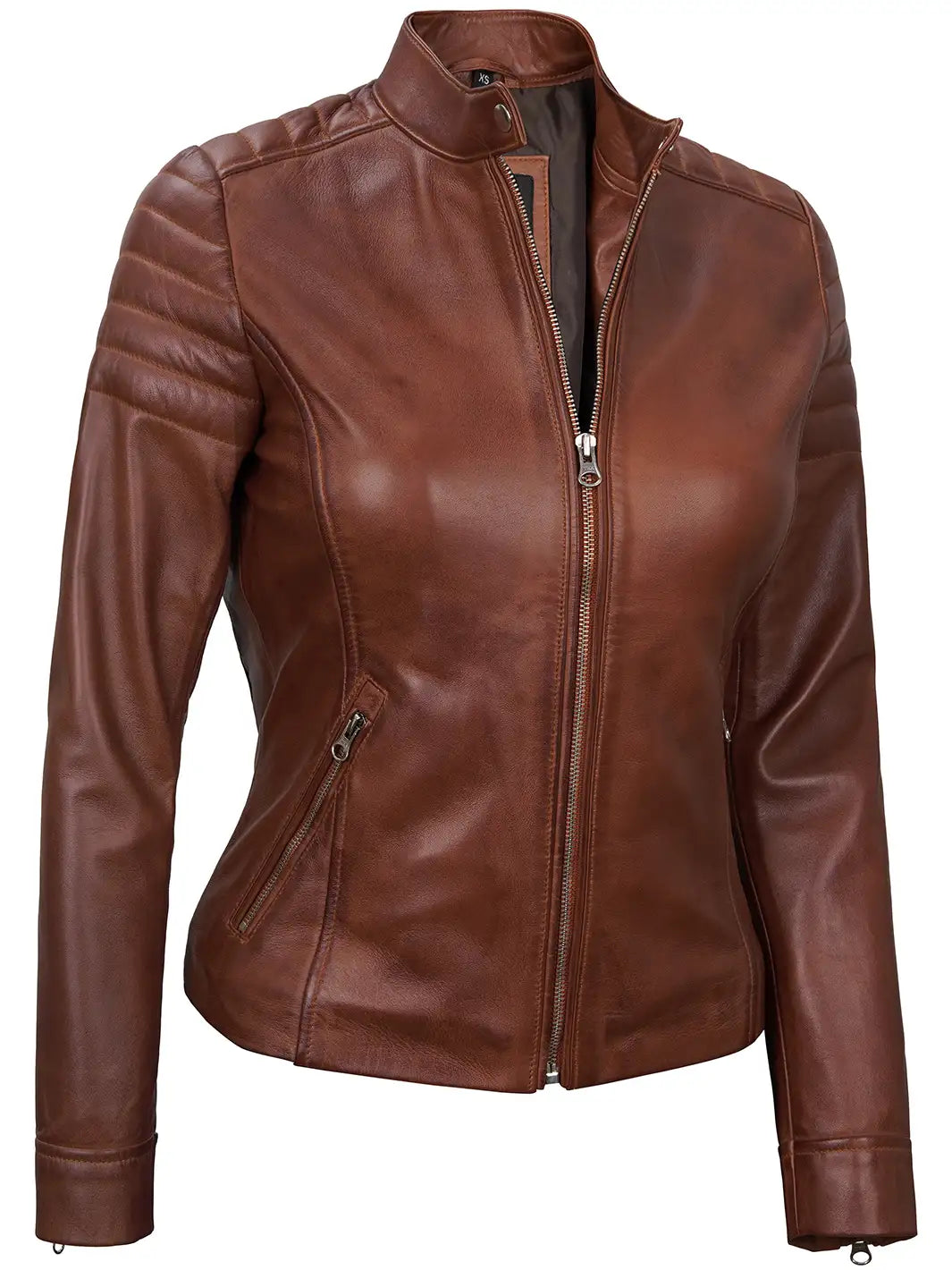 Carrie Women Cognac Brown Cafe Racer Leather Jacket - Image 4