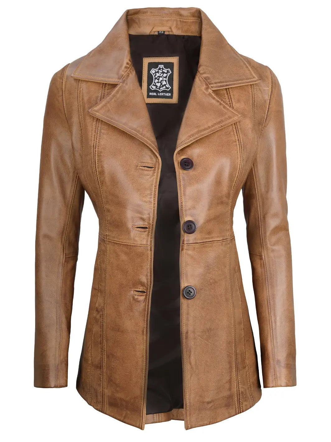 Womens Camel Brown Leather Blazer - Image 5