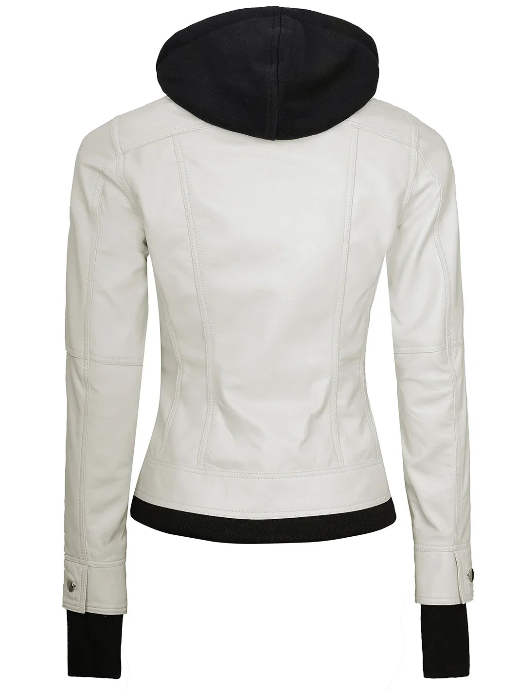 Womens Off White Motorcycle Leather Jacket with Hood - Image 2