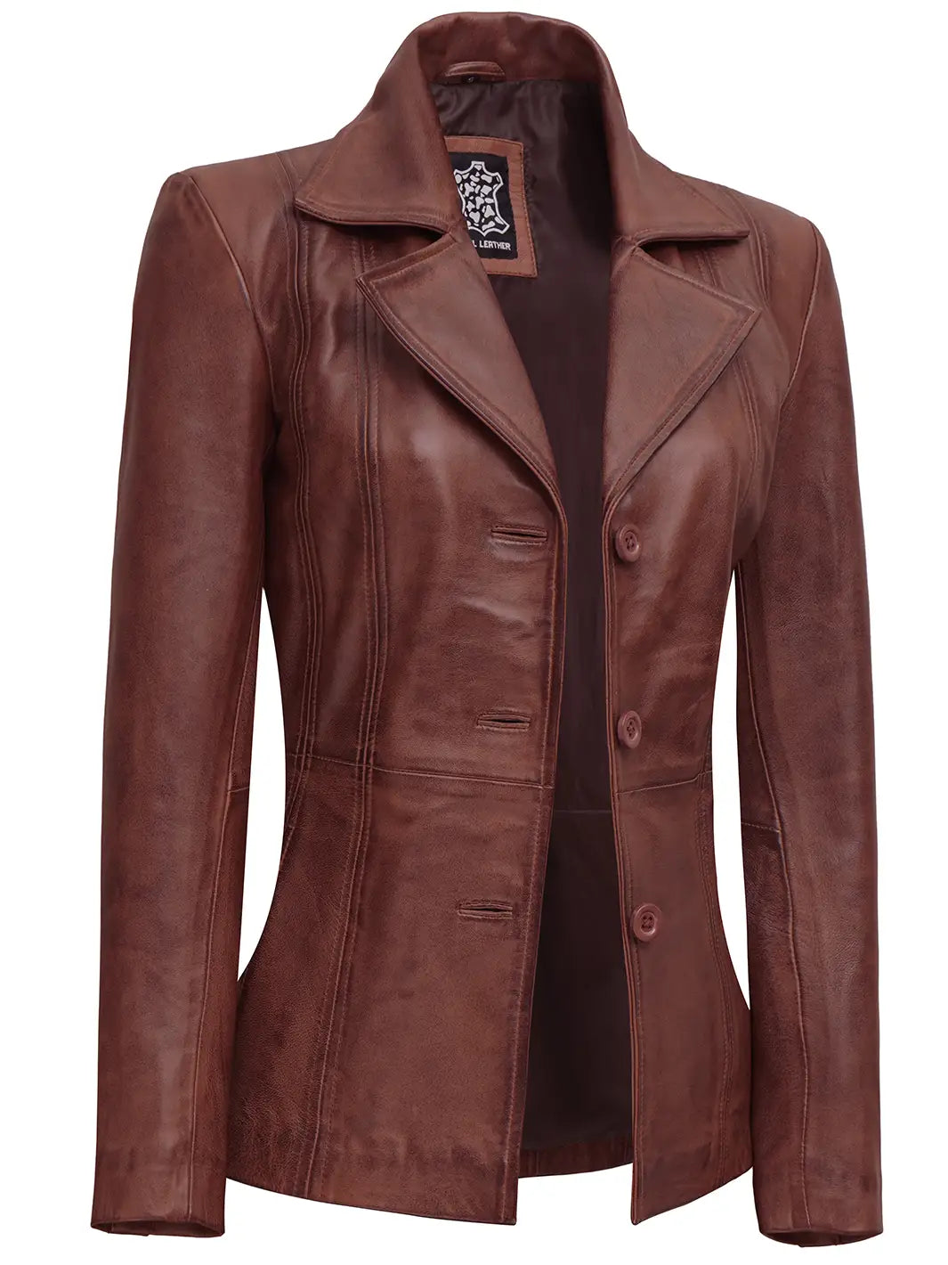 Womens Cognac Brown Leather Blazer - Image 6